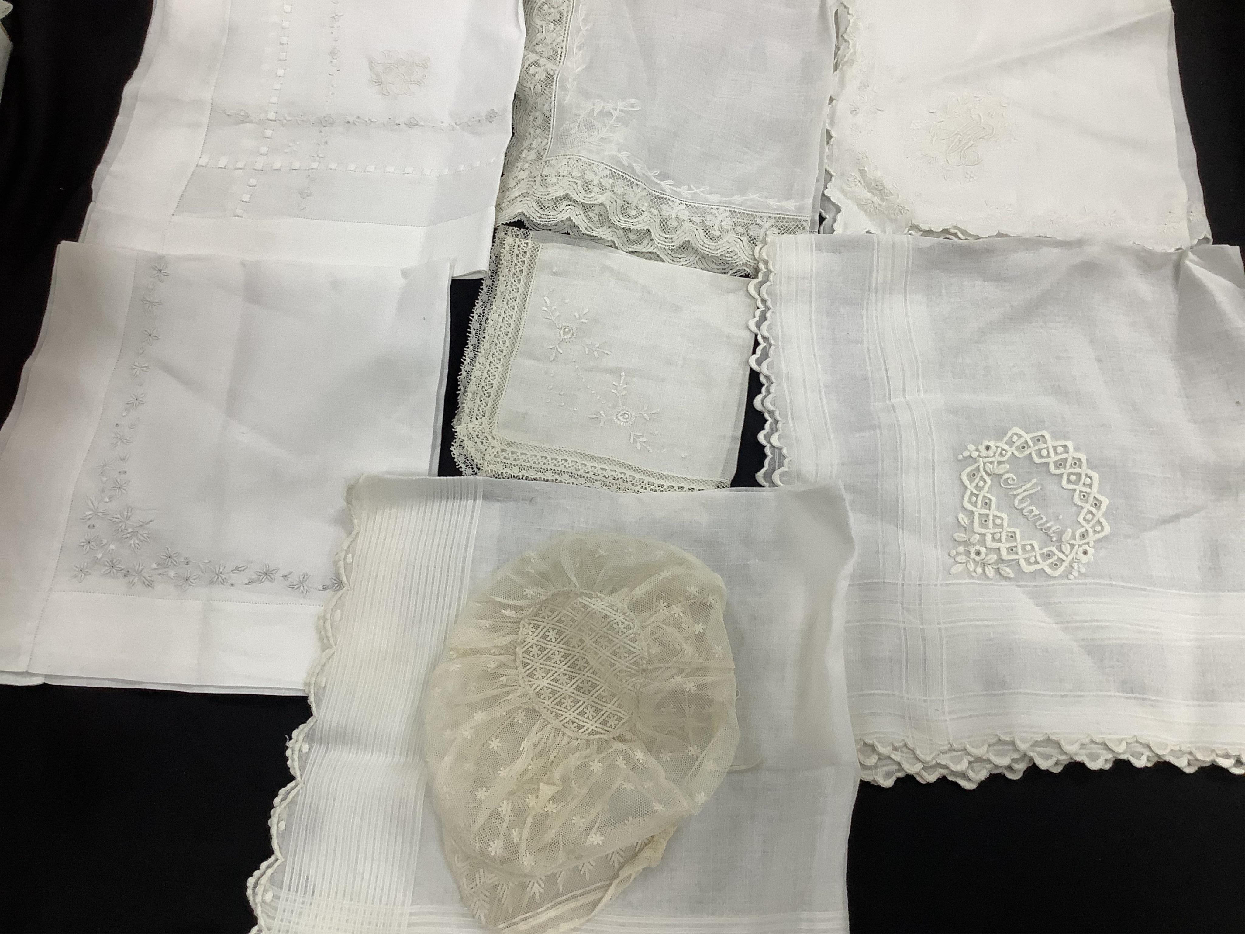 A collection of seventeen mixed late 18th, 19th and early 20th century wedding hankies. Mostly with fine lawn centres, some lace trimmed, white worked or monogram embroidered, together with a needle run on net baby bonne